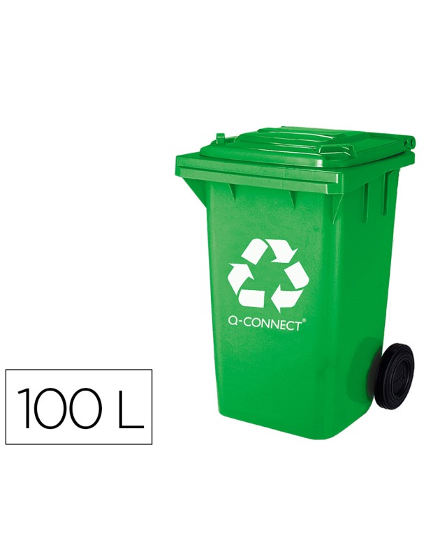 Papelera contenedor q-connect plastico verde para envases de vidrio 100l con tapa y ruedas 750x470x370 mm