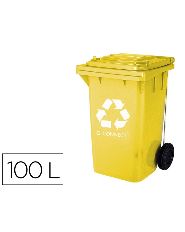Papelera contenedor q-connect plastico amarillo para plasticos y envases metalicos 100l con tapa y ruedas 750x470x370 mm