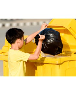 Papelera contenedor q-connect plastico amarillo para plasticos y envases metalicos 100l con tapa y ruedas 750x470x370 mm