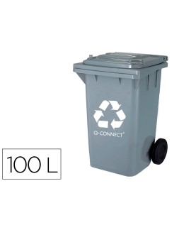 Papelera contenedor q-connect plastico gris para desechos en general 100 l con tapa y ruedas 750x470x370 mm