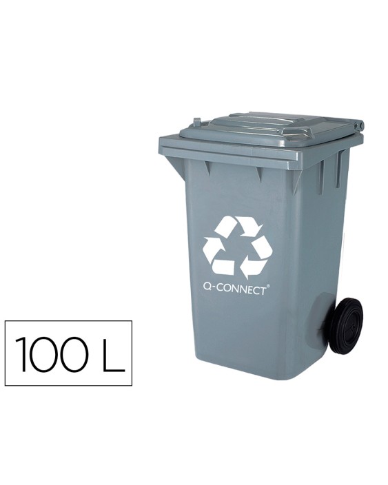 Papelera contenedor q-connect plastico gris para desechos en general 100 l con tapa y ruedas 750x470x370 mm