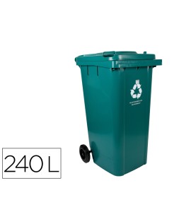 Papelera contenedor q-connect plastico con tapadera y ruedas 240 litros verde 1040x620x610 mm