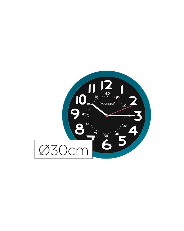 Reloj q-connect de pared plastico oficina redondo 30 cm color azul y esfera color negro