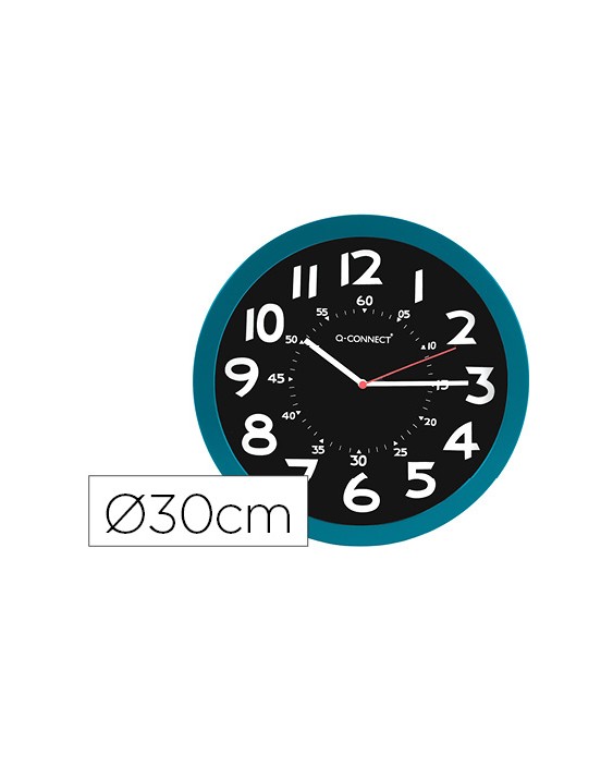 Reloj q-connect de pared plastico oficina redondo 30 cm color azul y esfera color negro