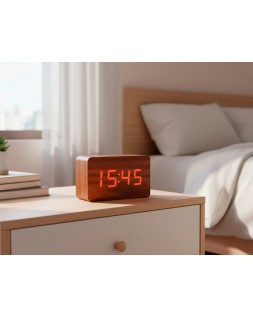 Reloj q-connect sobremesa digital acabado madera luz roja 100x40x60mm