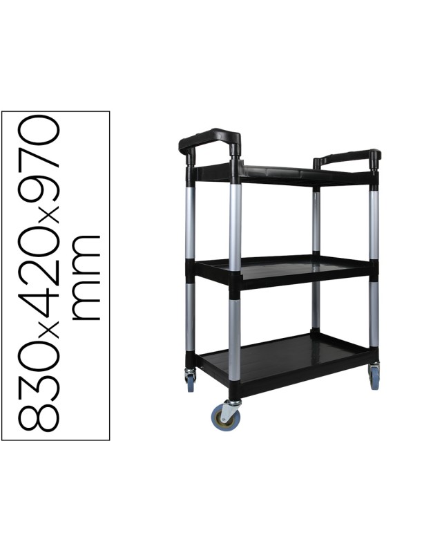 Carro de servicio multifuncional q-connect 3 estantes de polipropileno 830x420x970 mm