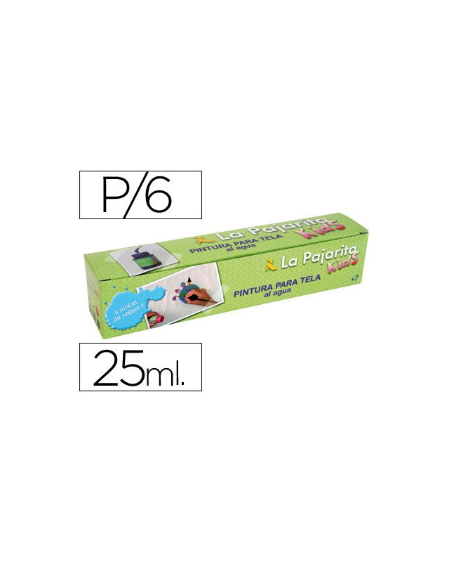 Pintura para tela la pajarita kids 25 ml caja de 6 unidades colores surtidos + pincel