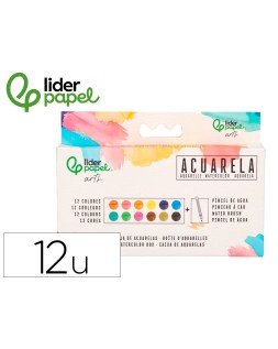 Acuarela liderpapel 12 colores con pincel de agua rellenable y esponja estuche de plastico