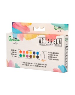 Acuarela liderpapel 12 colores con pincel de agua rellenable y esponja estuche de plastico