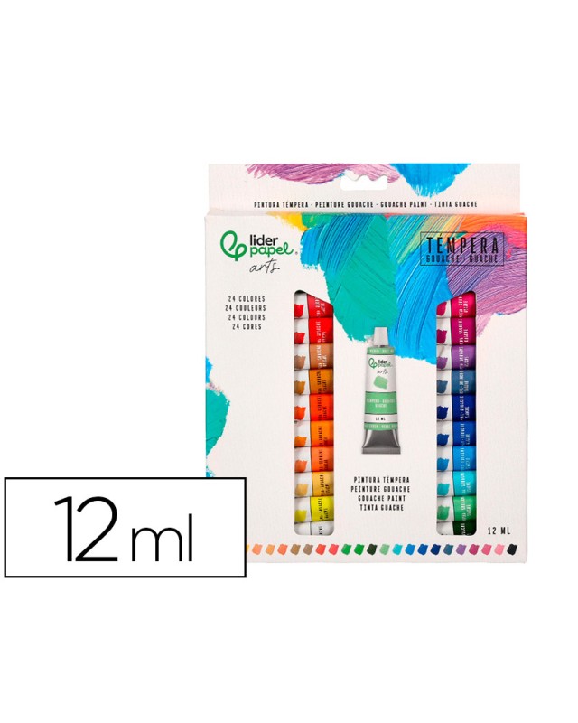Tempera gouache liderpapel caja de 24 tubos de aluminio de 12 ml colores surtidos