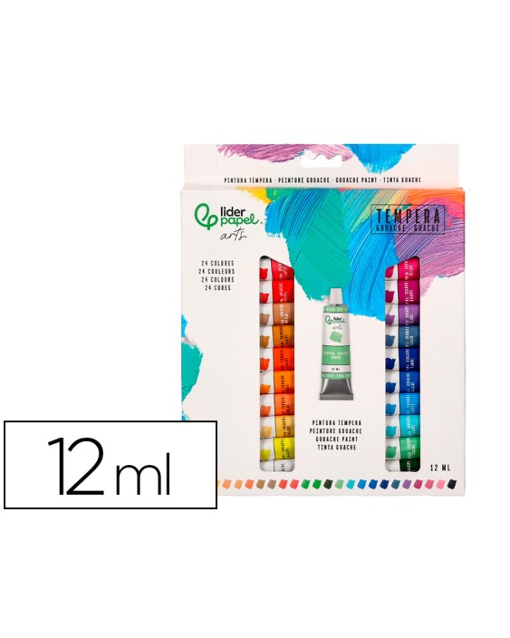 Tempera gouache liderpapel caja de 24 tubos de aluminio de 12 ml colores surtidos