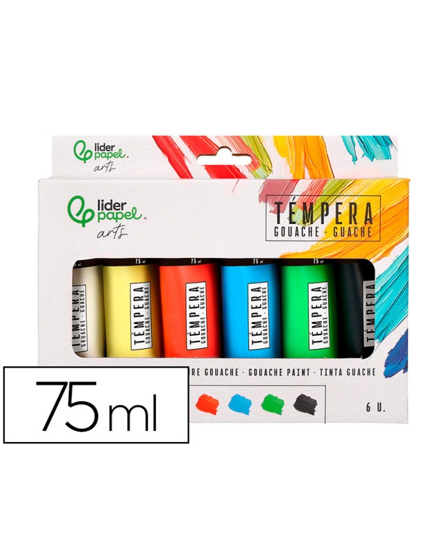 Tempera gouache liderpapel caja de 6 tubos de plastico de 75 ml colores surtidos