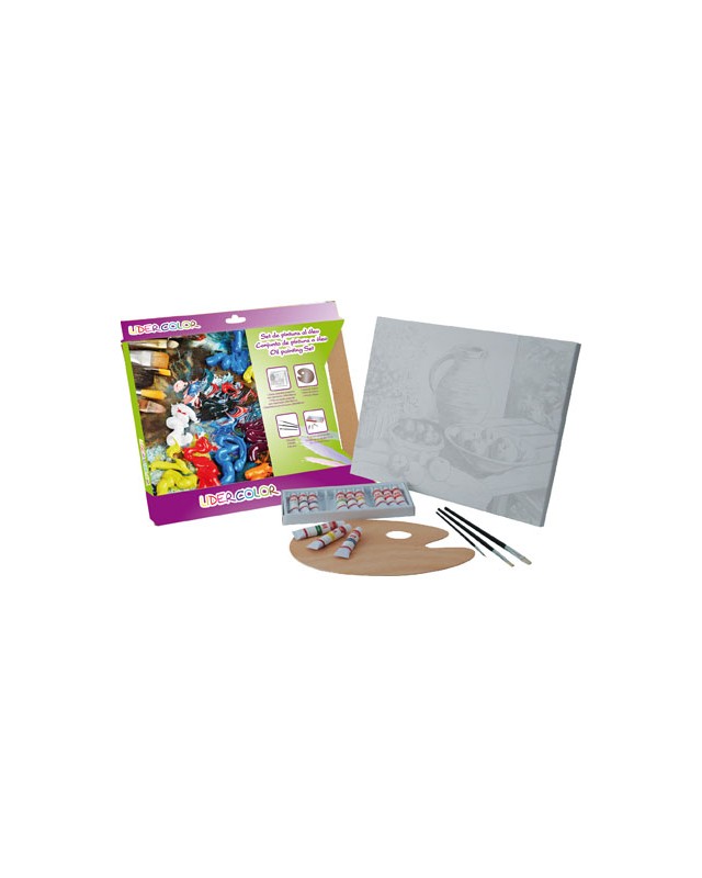 Set pintura al oleo liderpapel contiene 1 lienzo imprimacion 30x40cm 1 paleta madera 3 brochas tubos 12x12ml oleo
