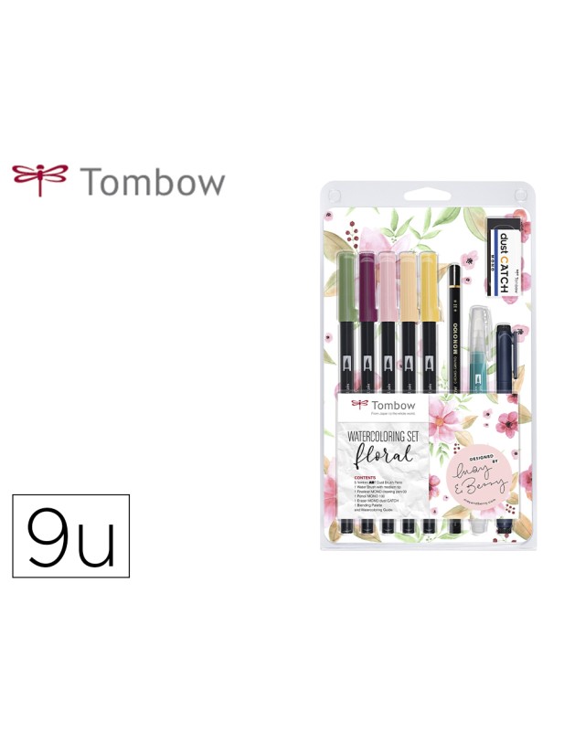 Set watercoloring tombow floral 9 piezas