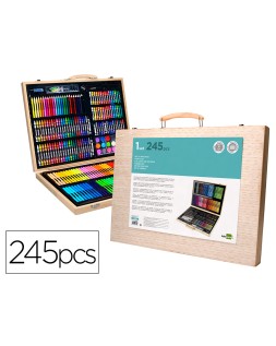 Estuche de pintura liderpapel madera 245 piezas maletin 49x36,6x4,5 cm