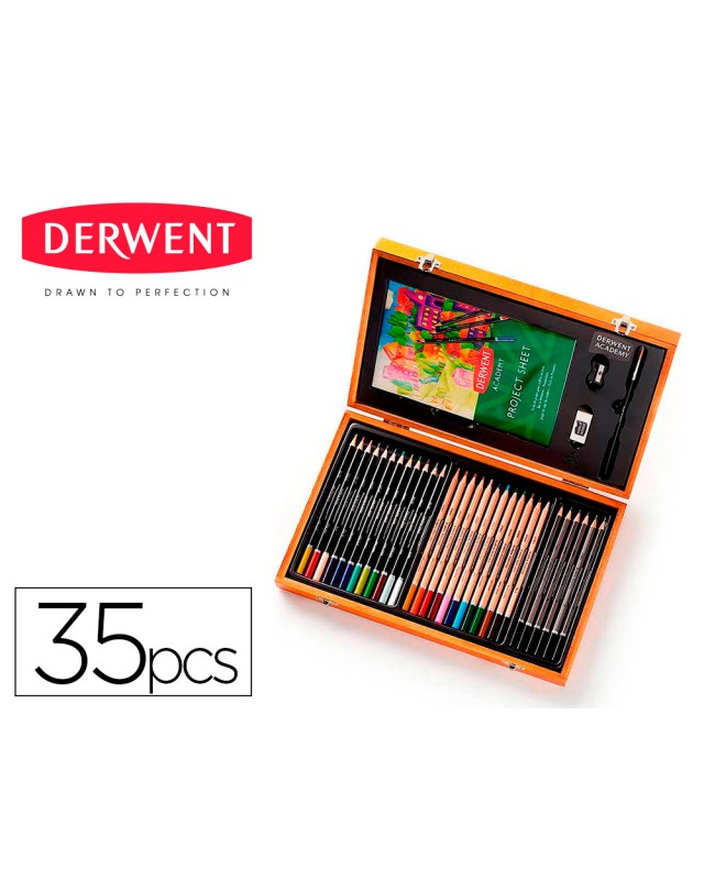 Estuche de pintura derwent academy madera lapices de colores 35 piezas