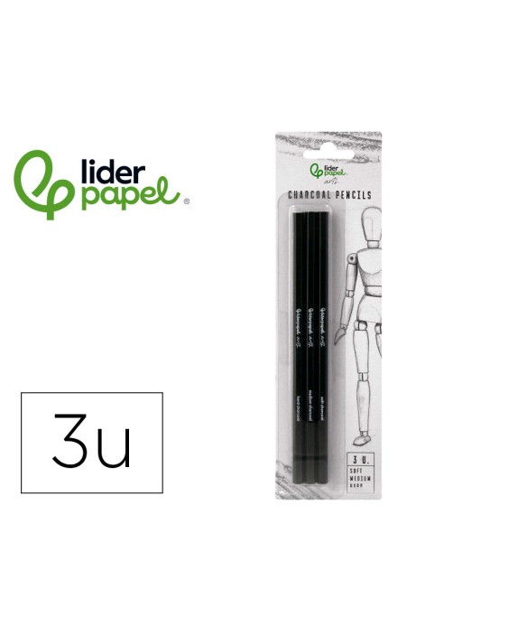 Lapiz de carboncillo para esbozos liderpapel caja de 3 unidades con diferentes durezas certificado fsc