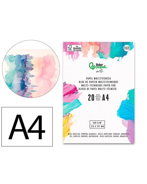 Bloc papel multitecnica liderpapel din a4 para acrilico oleo y gouache 20 hojas gramaje 260g/m2