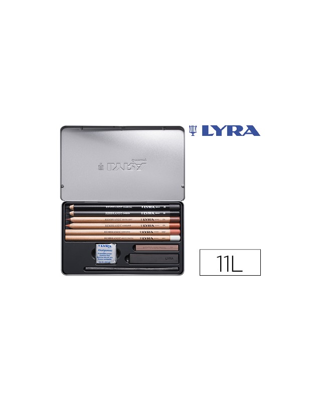 Lapices lyra rembrandt monocromo con accesorios para esbozos caja metalica de 11 unidades