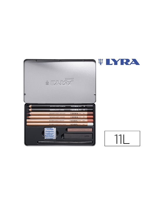 Lapices lyra rembrandt monocromo con accesorios para esbozos caja metalica de 11 unidades