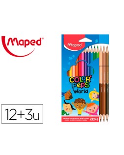 Lapices de colores maped color peps world caja de 12 colores surtidos + 3 duo tonos de piel