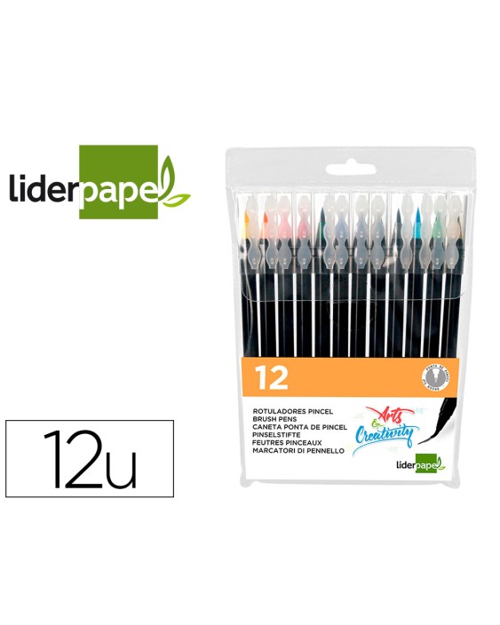 Rotulador liderpapel punta pincel extra suave bolsa de 12 unidades colores surtidos