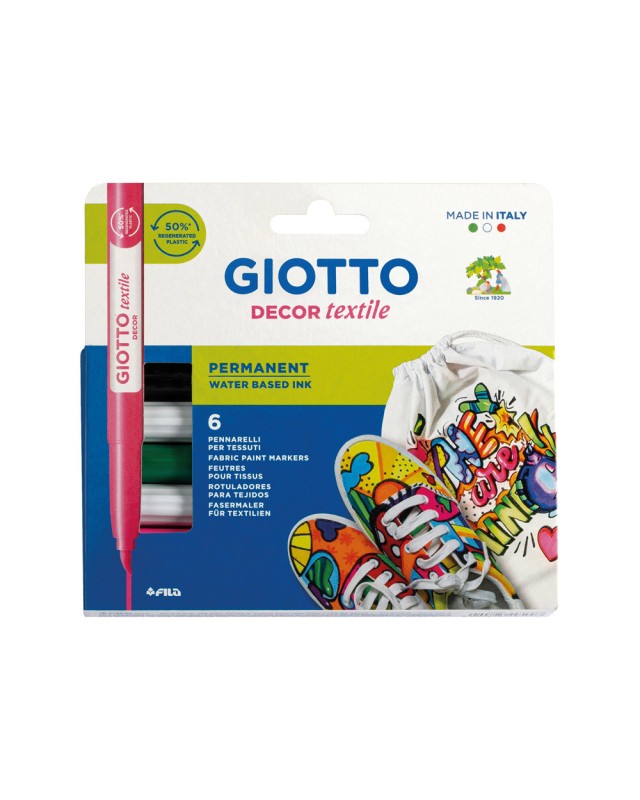 Rotulador giotto decor textile para camisetas caja de 6 unidades colores surtidos
