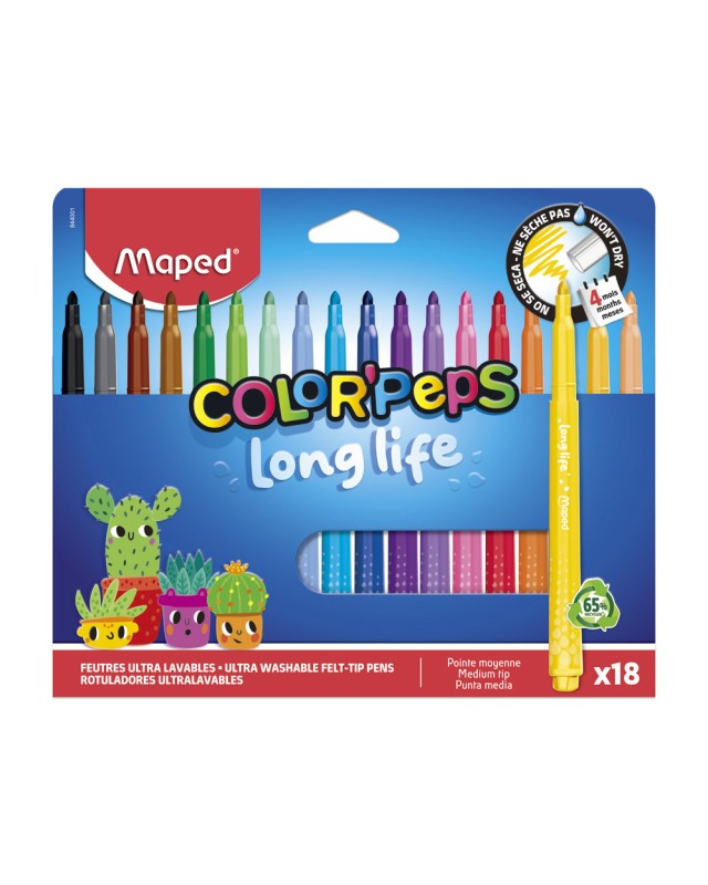 Rotulador maped color peps long life lavable punta media caja de 18 unidades colores surtidos