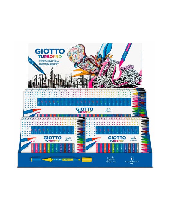Rotulador giotto turbo pro doble punta expositor sobremesa 6 cajas de 15 colores surtidos + 4 cajas de