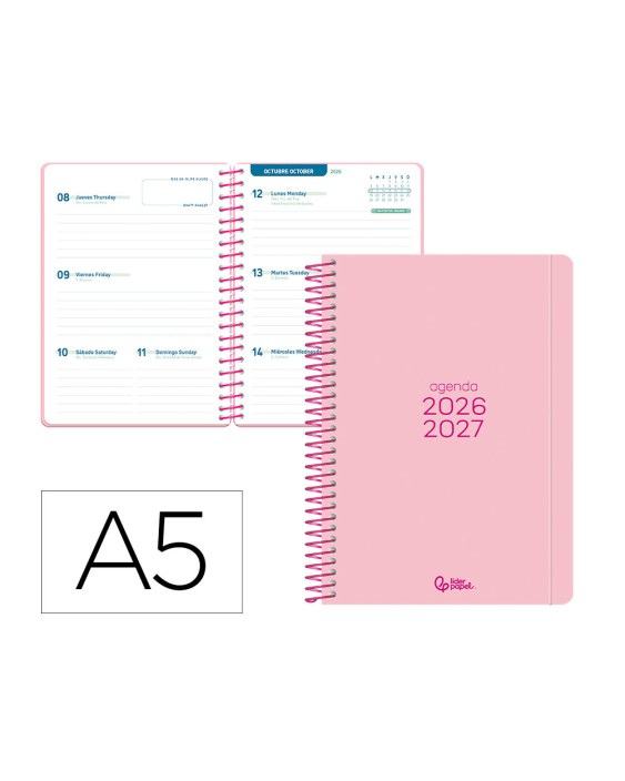 Agenda escolar liderpapel 26-27 espiral basic semana vista a5 bilingue 70g papel fsc rosa