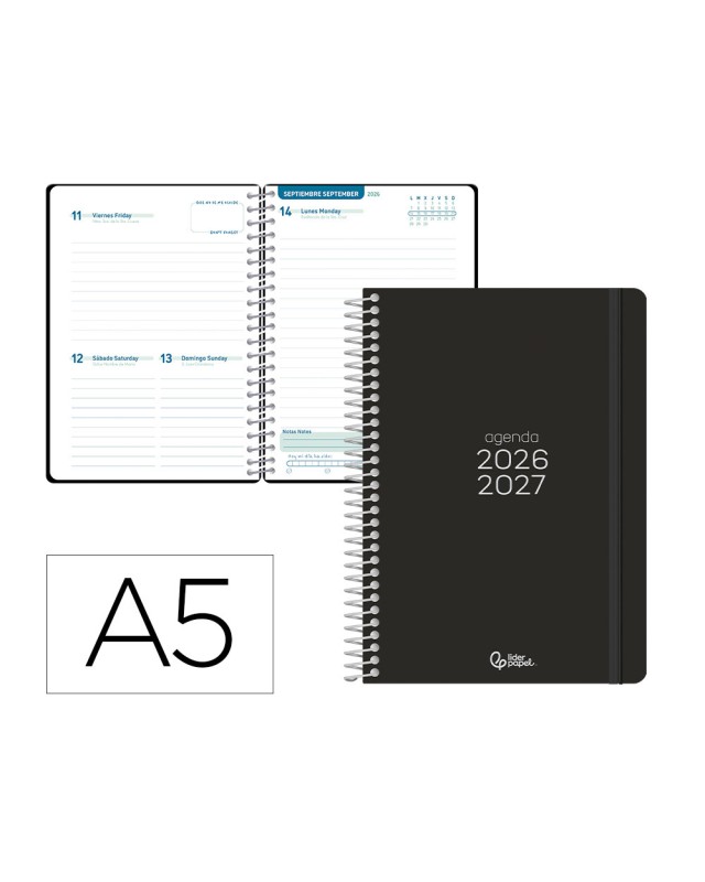 Agenda escolar liderpapel 26-27 espiral basic dia pagina a5 bilingue 70g papel fsc negro