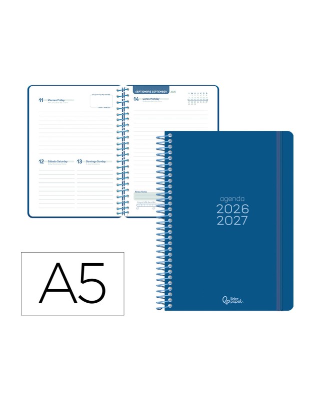 Agenda escolar liderpapel 26-27 espiral basic dia pagina a5 bilingue 70g papel fsc azul marino