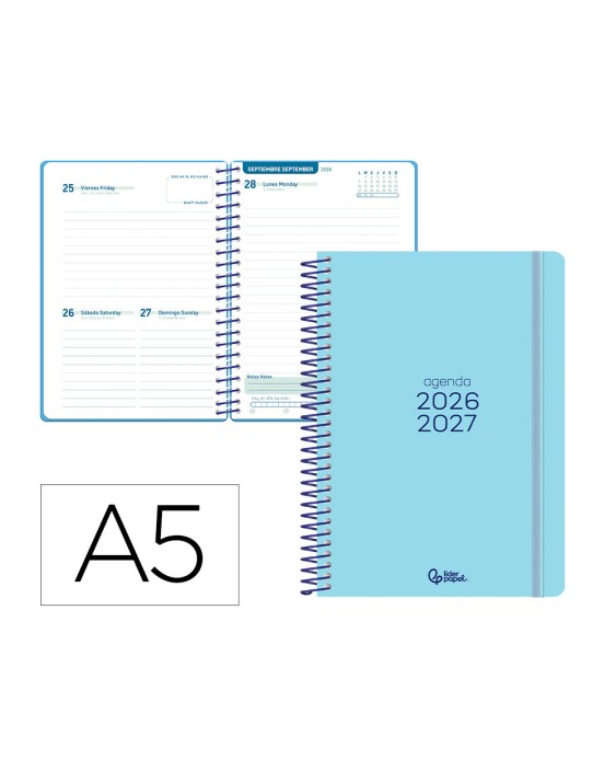 Agenda escolar liderpapel 26-27 espiral basic dia pagina a5 bilingue 70g papel fsc azul turquesa