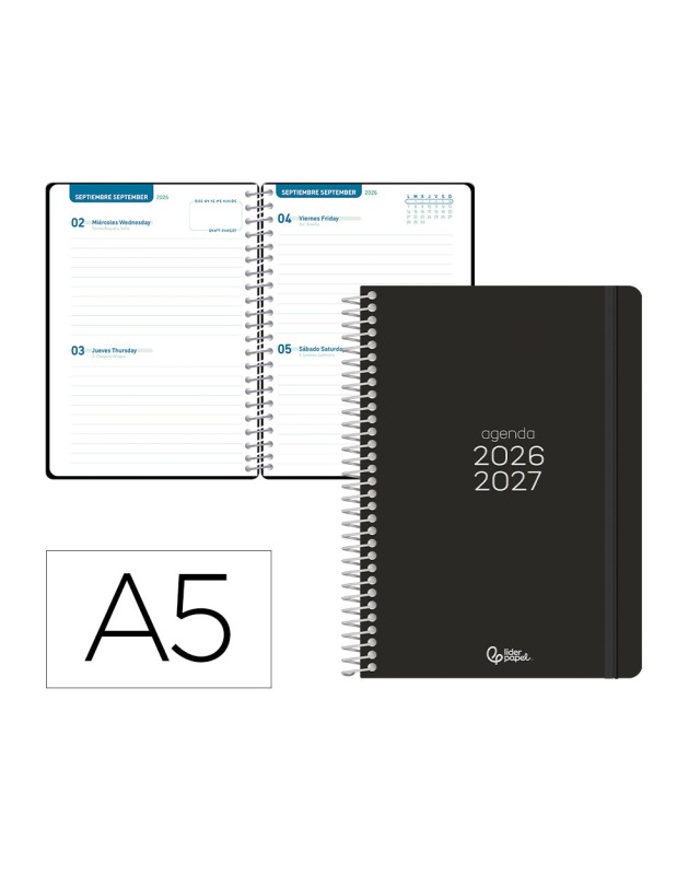 Agenda escolar liderpapel 26-27 espiral basic 2 dias pagina a5 bilingue 70g papel fsc negro