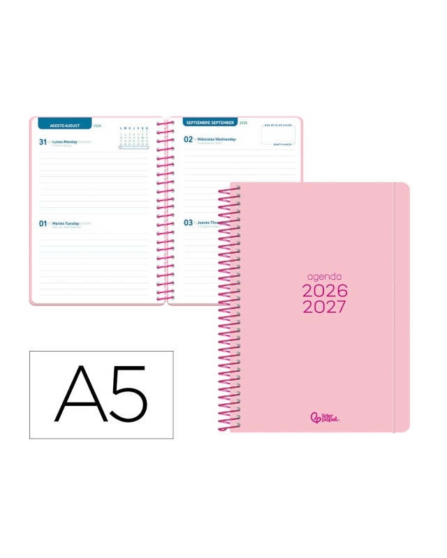 Agenda escolar liderpapel 26-27 espiral basic 2 dias pagina a5 bilingue 70g papel fsc rosa