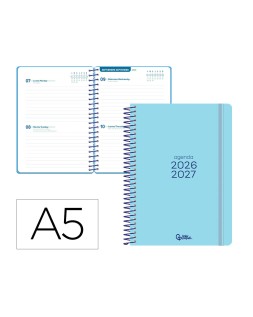 Agenda escolar liderpapel 26-27 espiral basic 2 dias pagina a5 bilingue 70g papel fsc azul turquesa