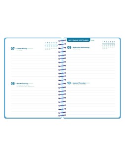Agenda escolar liderpapel 26-27 espiral basic 2 dias pagina a5 bilingue 70g papel fsc azul turquesa
