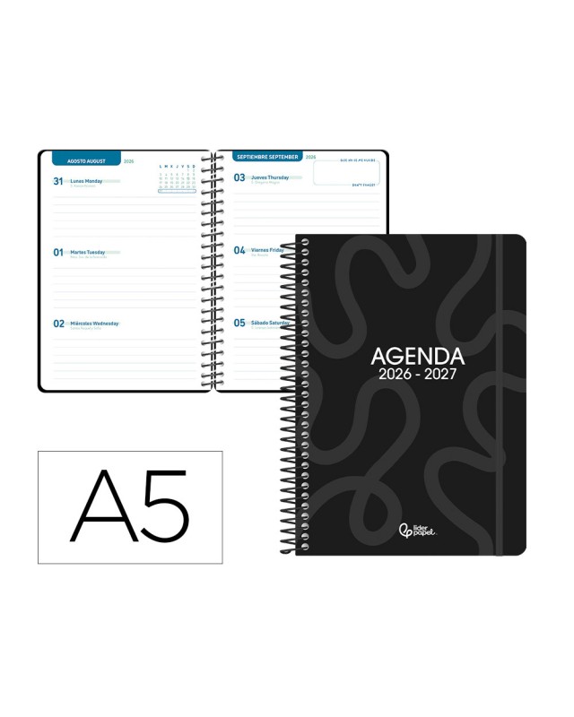 Agenda escolar liderpapel 26-27 espiral classic semana vista a5 bilingue 70g papel fsc negro