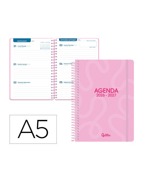 Agenda escolar liderpapel 26-27 espiral classic semana vista a5 bilingue 70g papel fsc rosa