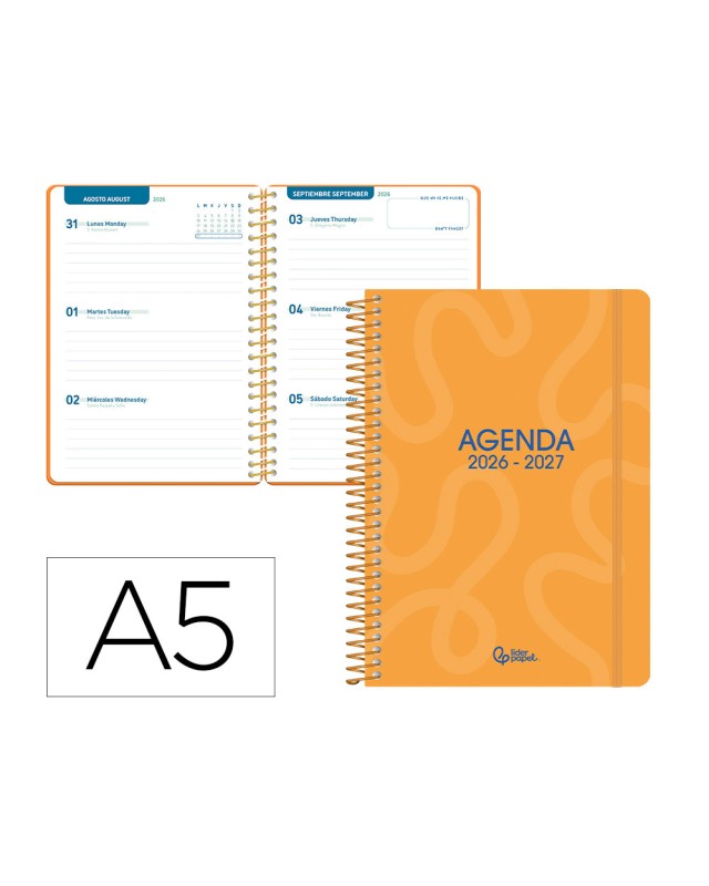 Agenda escolar liderpapel 26-27 espiral classic semana vista a5 bilingue 70g papel fsc naranja