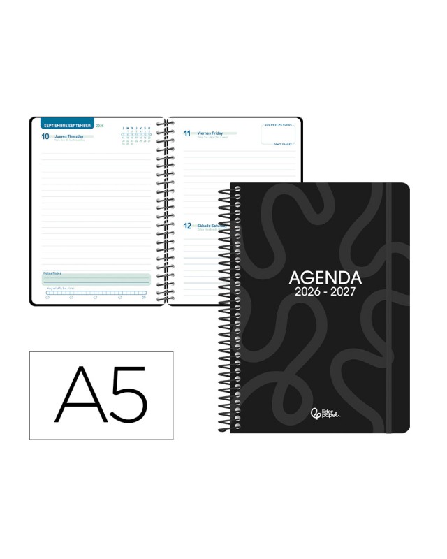 Agenda escolar liderpapel 26-27 espiral classic dia pagina a5 bilingue 70g papel fsc negro