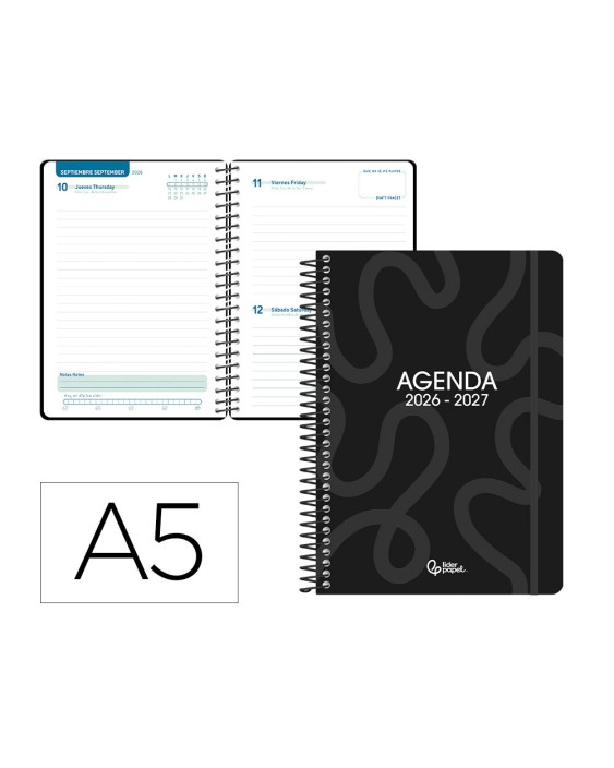 Agenda escolar liderpapel 26-27 espiral classic dia pagina a5 bilingue 70g papel fsc negro