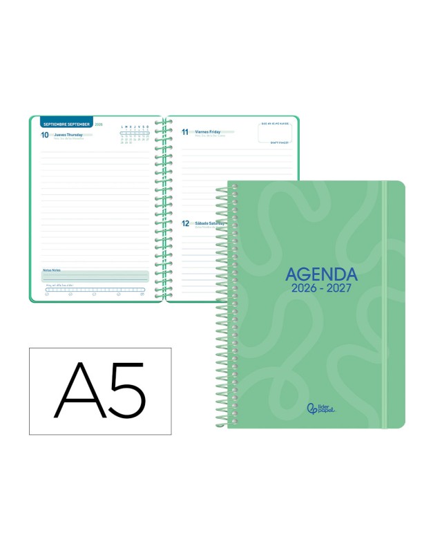 Agenda escolar liderpapel 26-27 espiral classic dia pagina a5 bilingue 70g papel fsc verde