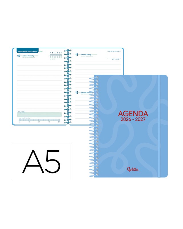 Agenda escolar liderpapel 26-27 espiral classic dia pagina a5 bilingue 70g papel fsc azul