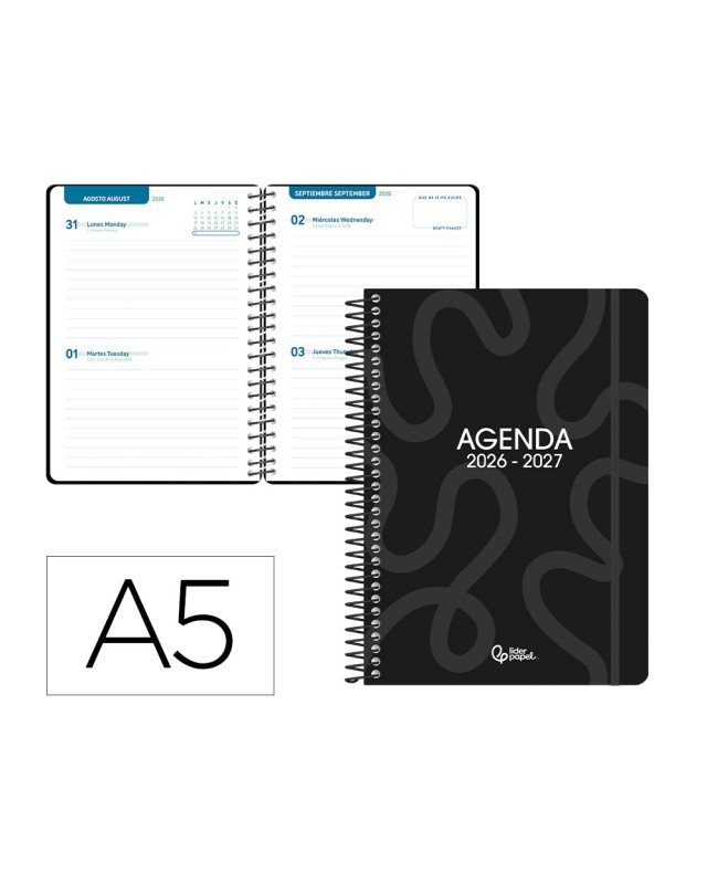 Agenda escolar liderpapel 26-27 espiral classic 2 dias pagina a5 bilingue 70g papel fsc negro