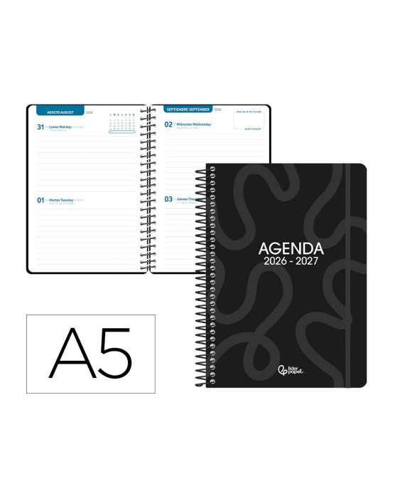 Agenda escolar liderpapel 26-27 espiral classic 2 dias pagina a5 bilingue 70g papel fsc negro