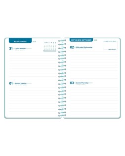 Agenda escolar liderpapel 26-27 espiral classic 2 dias pagina a5 bilingue 70g papel fsc azul turquesa
