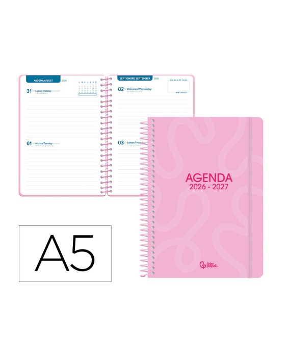 Agenda escolar liderpapel 26-27 espiral classic 2 dias pagina a5 bilingue 70g papel fsc rosa