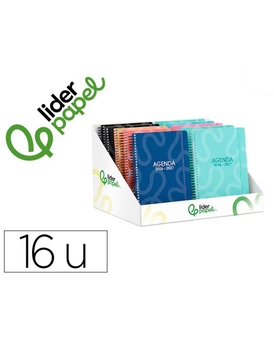 Agenda escolar liderpapel 26-27 espiral classic diseños surtidos bilingüe 70g papel fsc expositor 16 unidades