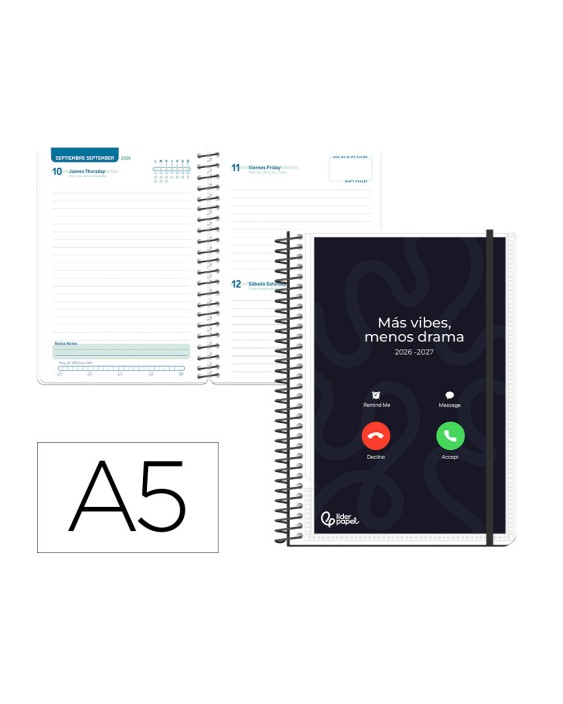Agenda escolar liderpapel 26-27 espiral personalizable dia pagina a5 bilingue 70g papel fsc